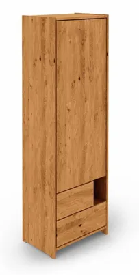 Produktbild von Vitrine Zigo aus Wildeiche massiv 63x41x190 mit 2 Schubladen 1 Tür 1 Fach Glas