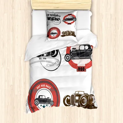 Produktbild von ABAKUHAUS Autos Mantele, Retro Cars Pop-Art, Milbensicher Allergiker geeignet mit Kissenbezügen, 135 cm x 200 cm - 80 x 80 cm, Mehrfarbig