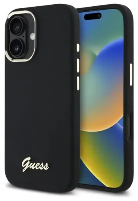Obrázok produktu pre Silikónové puzdro Guess s kovovým logom a rámom pre iPhone 16 - čierne