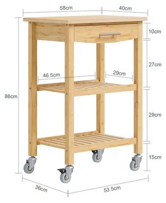 Imagen del producto de Carro de cocina - FKW135 - Carro de servicio - 2 cajones - Madera - Ruedas - 58 x 86 x 40 cm - Color natural