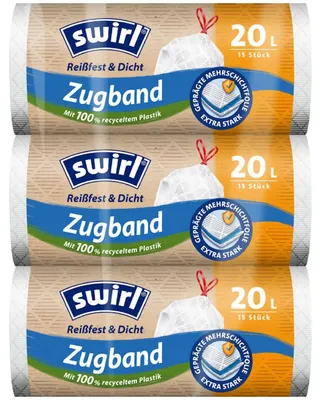 Immagine prodotto di Sacchi per rifiuti Swirl, resistenti e impermeabili, da 20 litri (3 rotoli da 15 sacchetti ciascuno), sacchi per rifiuti con una pratica