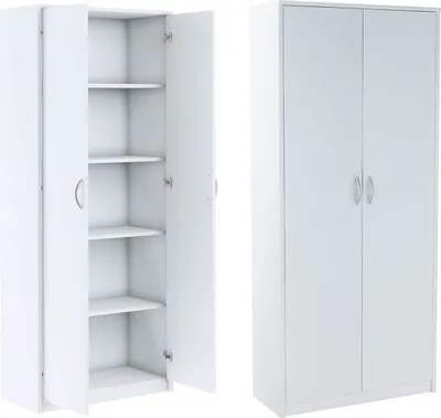 A white wardrobe with two doors, one open showing shelves, and a closed view of the same wardrobe.