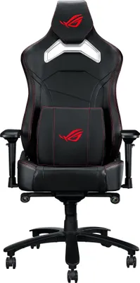 A black gaming chair with red accents and logos.