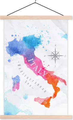 Produktbild von MuchoWow® Textilposter Weltkarte - Ölfarbe - Italien 60x90 cm mit holzfarbenen Rahmen - Textil