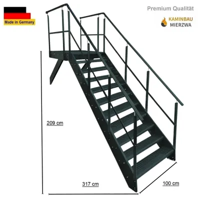Produktbild von Podesttreppe Wangen- Stahltreppe 11 Stufen Höhe 209cm inklusive Podest 100x100cm mit Geländer Anthrazit Ausrichtung Treppe Vorne (Front) Aussentreppe