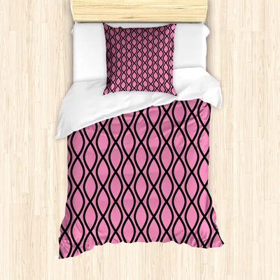 Produktbild von ABAKUHAUS Hot Pink Mantele, Gewellte Linien Feminine, Milbensicher Allergiker geeignet mit Kissenbezügen, 135 cm x 200 cm - 80 x 80 cm, Pink Schwarz