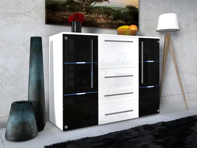 Image de Commode combinée avec éclairage LED ANTRIM – blanc / noir brillant / blanc brillant