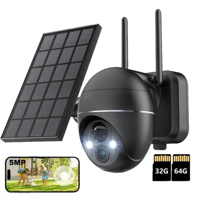 Image de 2K 5MP solaire caméra de surveillance extérieure Wi-Fi 360°PTZ pivotant caméra extérieure batterie 30M vision nocturne couleur PIR détection de mouvement Alexa avec 32G & 64G