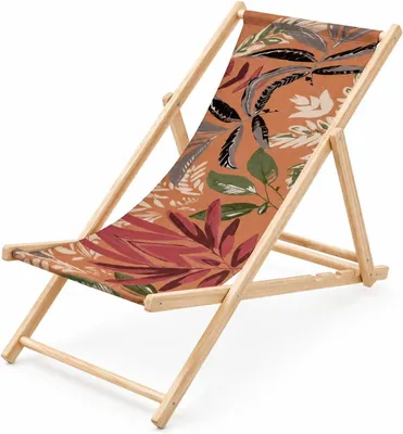 Produktbild von Liegestuhl klappbar aus Holz mit Verstellbarer Rückenlehne, belastbar bis 120 kg (Floral Braun-Rot-Grün)