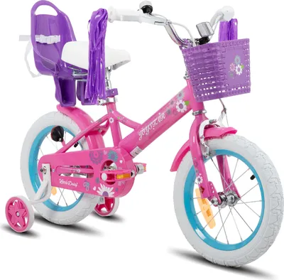 Produktbild von HILAND Joystar 16 Zoll Kinderfahrrad mit Stützrädern, Puppenfahrradsitz, Luftschlangen, Korb, Klingel, DIY-Aufklebern, Schutzblechen, für Mädchen,Lila