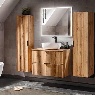 Produktbild von Badezimmermöbel Set Wotaneiche mit Rillenoptik ADELAIDE-56 LED-Spiegel & Waschtisch mit Keramikbecken, 2 Hochschränke
