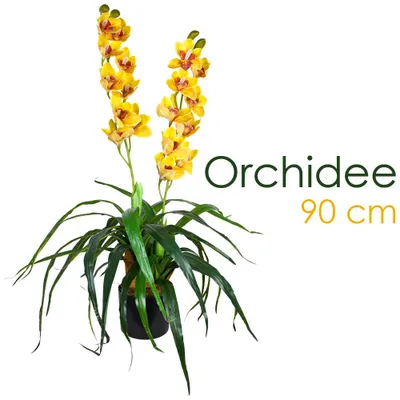 Produktbild von Decovego künstliche Orchidee, Kunstpflanze 90 cm Gelb, Kunstblume für Wohn- & Büroräume, Allergikerfreundlich & Pflegeleicht
