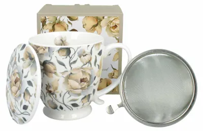 Produktbild von DUO Becher ENGLISH ROSES WHITE mit Fuß, 500 ml, inkl. Deckel und Teesieb, New Bone China Porzellan