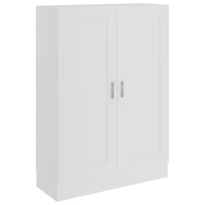 A white wooden cabinet with two doors and two handles.