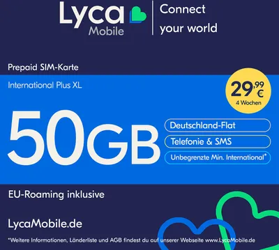 Produktbild von Lyca Mobile Prepaid Smartphone SIM Karte ohne Vertrag International Plus XL 50GB