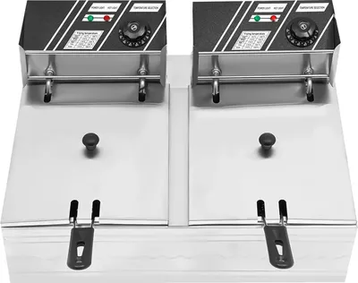 Produktbild von Doppelfritteuse 2×6 l - Elektrische Fritteuse - Edelstahl - Kaltzone - Mit Frittierkörben - Gewerblich für Restaurant/Snackbar - Weiß