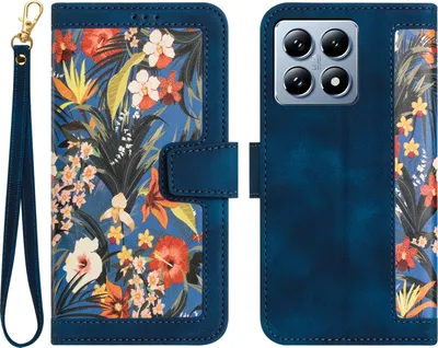 Immagine prodotto di Per Xiaomi 14T Custodia a portafoglio in Pelle finta Custodia per cellulare Design floreale Custodie Blu scuro