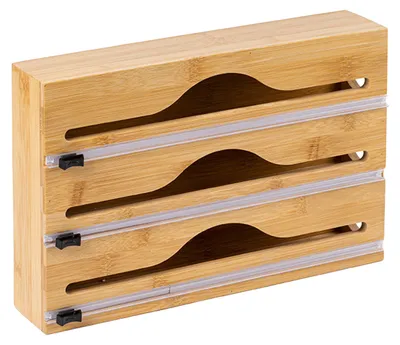 Produktbild von Relaxdays Folienspender, 3 Rollen, Schublade, Bambus, HxBxT 22 x 33,5 x 7 cm, Folienschneider Küche, Folienhalter, natur