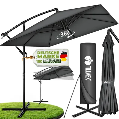 Obrázok produktu pre tillvex® Obdĺžnikový hliníkový slnečník Ø 330 cm antracit + kryt s kľukou | Štvorcový konzolový slnečník so stojanom a vetrovkou | Hliníkový záhradný slnečník s UV ochranou | Slnečník s kľukou Vodotesný slnečník otočný o 360°, Obrázok generovaný UI