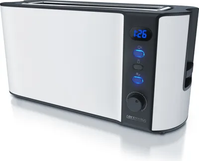 A white and black toaster with a digital display and control buttons.