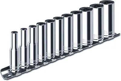 Imagen del producto de Juego de llaves de vaso de 11 piezas, con medidas métricas de 4 a 14 mm, accionamiento de 1/4 de pulgada, diseño de 6 caras, ideal para uso en talleres