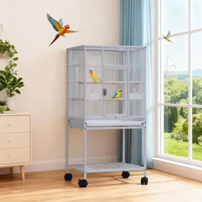 Image de Cage à oiseaux avec support, tiroir coulissant, compartiment de rangement, perchoirs en bois pour aras, calopsittes, perruches, inséparables 48,5*46*103 cm Blanc