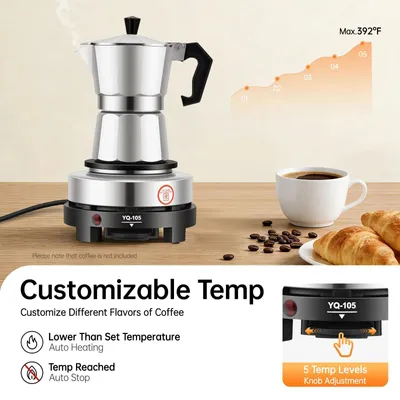 Produktbild von Espresso Set - YQ-105 elektrische Einzelkochplatte - Mokkakanne für 3 Tassen - 500W - Tragbar - Für Zuhause und Camping