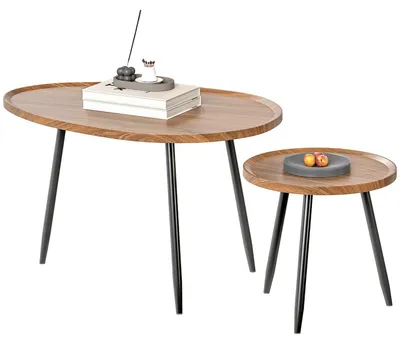 Produktbild von Set aus 2 ineinander schiebbaren Couchtischen aus Holz und Metall, dunkle Holzfarbe