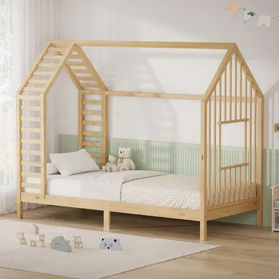 Produktbild von ML-Design Kinderbett 90x200 cm Natur mit Lattenrost, Hausbett mit Dach & Fenster, Bettgestell aus Kiefernholz, Montessori Holzbett für Mädchen, Jungen