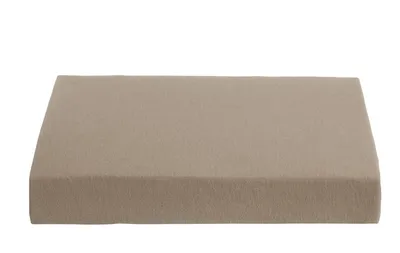 A taupe-colored fitted sheet is shown from a slightly elevated angle against a white background.