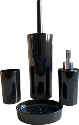 Produktbild von Badezimmer-Zubehör-Set, 4-tlg., WC Garnitur, Toilettenbürste, Seifenspender, Seifenschale, Zahnbutzbecher, Schwarz, Kunststoff
