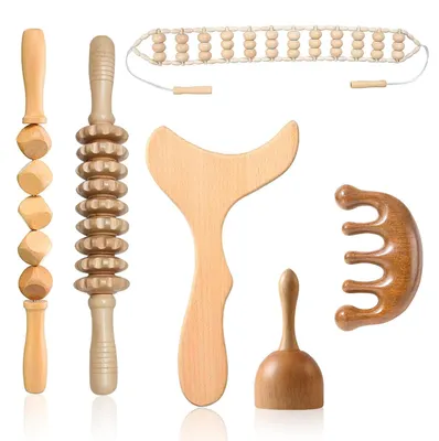 Image de Kit de massage thérapeutique en bois - Ensemble 6 en 1 pour le drainage lymphatique, comprenant un rouleau fascia