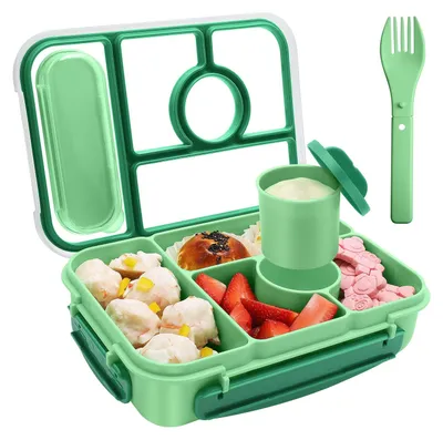 Produktbild von Lunchbox für Kinder mit Fächern, Bento-Box für Kinder, Lunchbox für Erwachsene, 1300 ml Lunchbox mit 5 Fächern und Soßenbehältern, mikrowellen- und spülmaschinengeeignet, BPA-frei (grün)