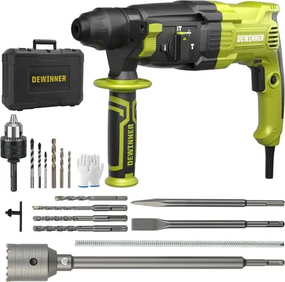 Produktbild von DEWINNER Bohrhammer, 1100 W, 3,4 J, Bohrhammer 0 – 1500 U/5500 BPM mit 4 Funktionen und Sicherheitskupplung, 20 Zubehörteile, variable Geschwindigkeit