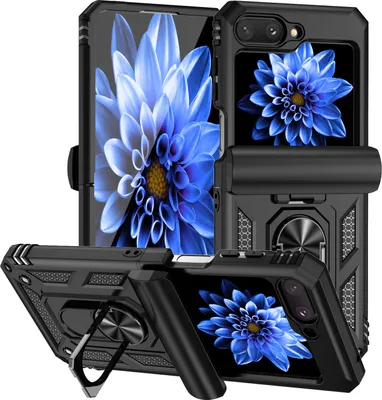 Image de Étui pour Samsung Galaxy Z Flip 5 étui double couche avec couvercle coulissant pour l'appareil photo et anneau de support noir