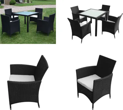 Produktbild von vidaXL 5 tlg. Garten Essgruppe mit Auflagen Poly Rattan Schwarz - Gartenmöbel Set - Gartenmöbel Sets - Gartentisch Und Stühle - Gartentische Und Stühle