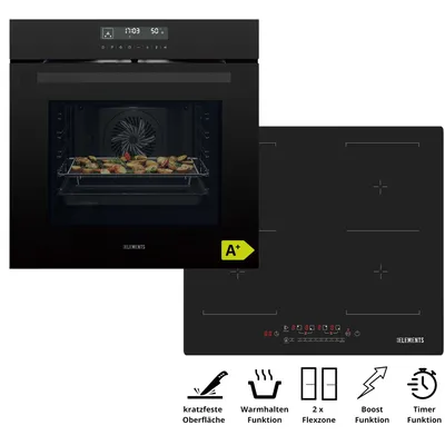 Produktbild von KB ELEMENTS Sparset, Einbauherd Set, Herdset, Kratzfestes Induktionskochfeld 60cm, Einbaubackofen 60cm, 15 x Funktionen, Air Fry, ELK75DV1/111AS