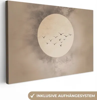 Produktbild von Leinwand Bilder 90x60 cm - Japandi - Vögel - Beige, Bild Modern, Wanddeko, Gemälde