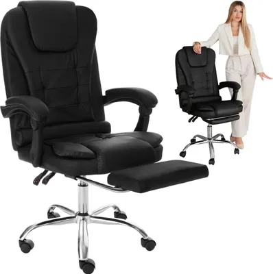 A black office chair with a footrest is shown in the foreground, and a woman in a white suit stands next to a similar chair in the background.