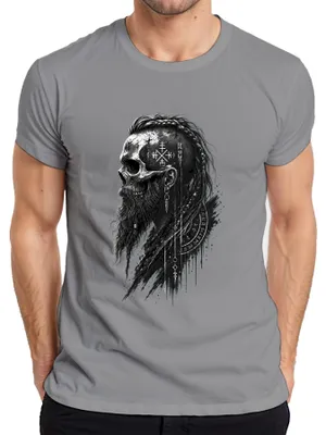 Productafbeelding van Vikings: T-shirt met afbeelding van een schedel, baard, runen, afbeeldingen van Noormannen, Valhalla, krijger, Odin, herenmodel, grijs, maat XL