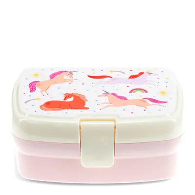 Produktbild von Lunchbox mit herausnehmbaren Fach Einhorn Kunststoff ca.17x13x7,5cm Regenbogen rosa