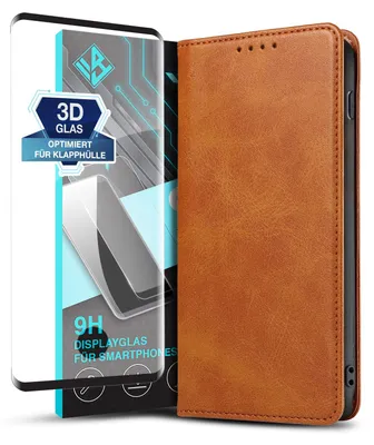 Produktbild von Handyhülle für Samsung Galaxy S10 mit 9H Displayglas Kunstleder Flip Cover Hülle Klapphülle Case Kartenfach Farbe: Hellbraun