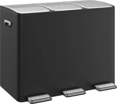 Produktbild von WELLGRO Treteimer in Schwarz – Edelstahl Mülleimer mit 3 x 15 Liter, Fußpedalen, Absenkautomatik & Tragegriffen