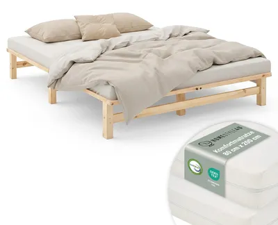 Image de Cadre de lit 160x200 cm avec 2 Matelas Lit en bois massif Lit double Lit palette Lit d'enfant Sommier à lattes