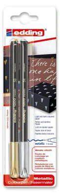 A blister pack containing two Edding metallic colour pens, one gold and one silver. The packaging also features promotional graphics and text.