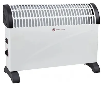 A white electric heater with black accents and feet, shown from a front-diagonal angle against a white background.