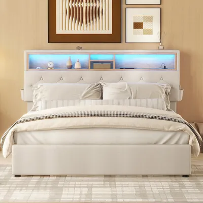 Immagine prodotto di okwish Letto matrimoniale imbottito 140 x 200 cm, contenitore, testiera, letto con ricarica USB e illuminazione a LED, letto funzionale con quattro cassetti, testiera regolabile, beige