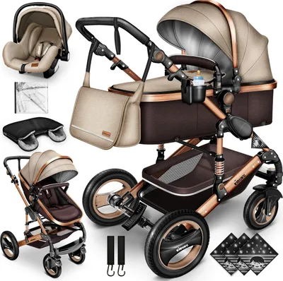 Produktbild von Kiduku Kinderwagen Komplettset, Kombikinderwagen Set inkl. Babywanne Buggy Auto-Babyschale Fußsack, Voll-Gummireifen Wickeltasche Regenschutz Kindertisch (Beige/Braun)