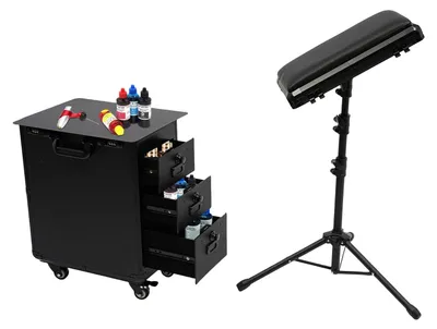 Produktbild von Professioneller Schminkkoffer auf Rollen - Make-up Trolley - Klappbare Tattoo-Arbeitsstation - 4 Universalrollen - Zahlenschloss - Aluminiumplatte