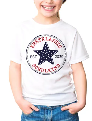 Produktbild von Kinder T-Shirt Mädchen Einschulung Schulkind Stern Schriftzug Erstklassig Geschenk Schulanfang Moonworks® weiß 141-152 (11-12 Jahre)